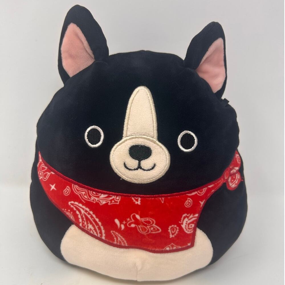 Kellytoy Squishmallow Plush Named Teddy Black Boston Terrier wearing‎ Red Banana